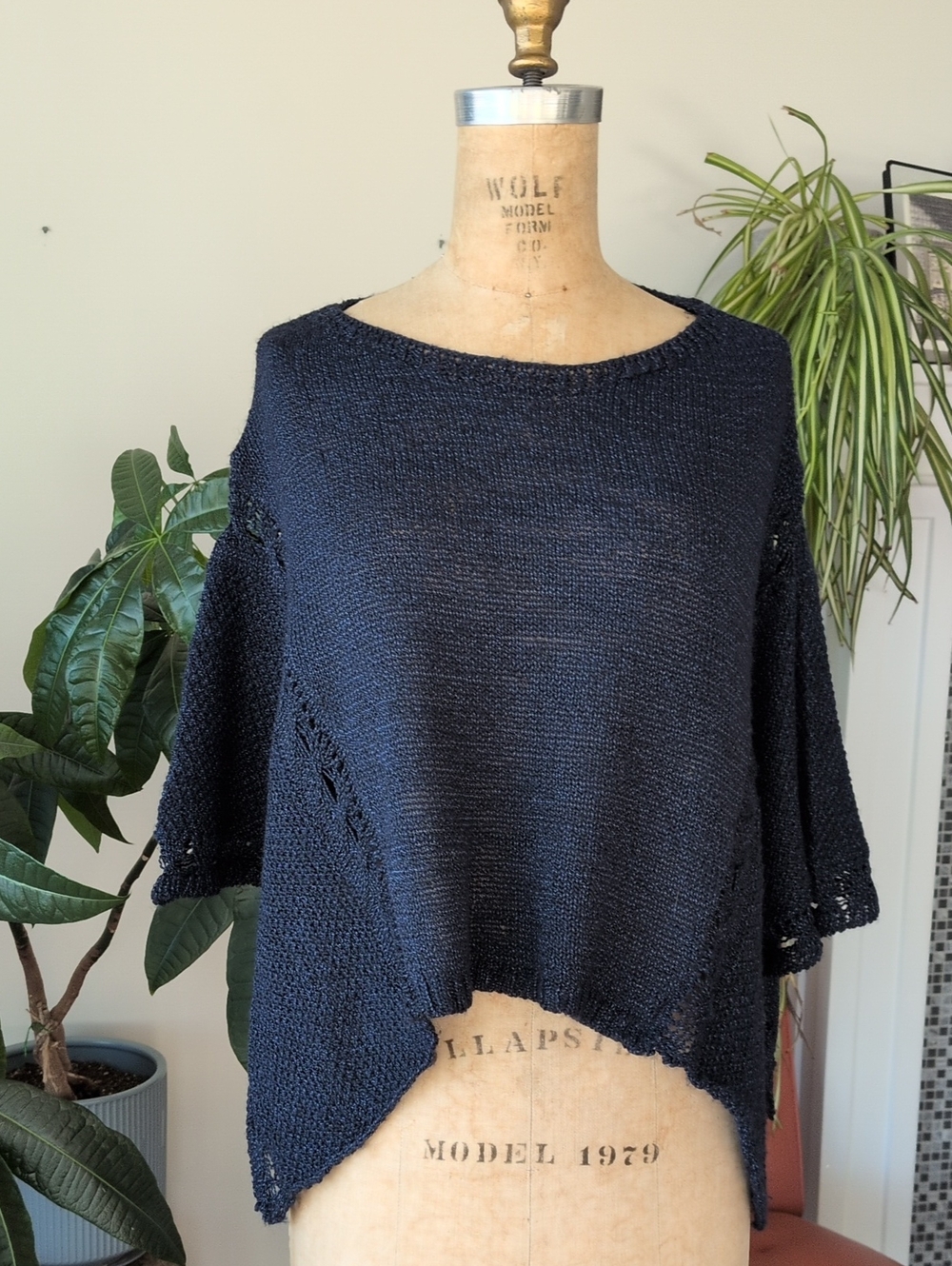 Women's Navy Open Knit Drop-Shoulder Poncho Sweater